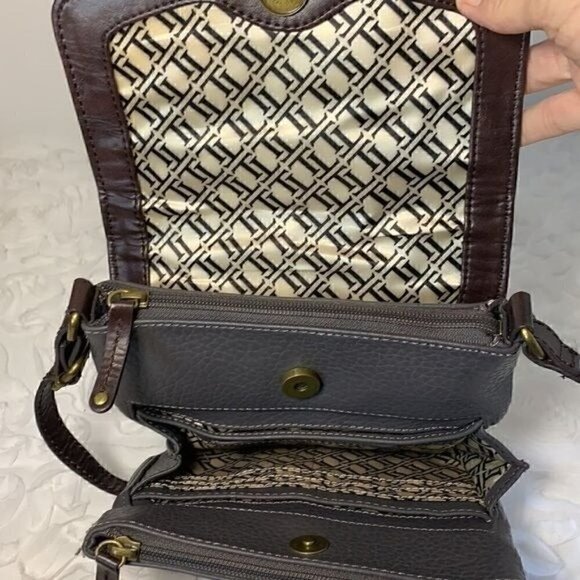 Tignanello Multi Compartment Small Crossbody Bag-Grey Leather/Brown Trim - Picture 5 of 11